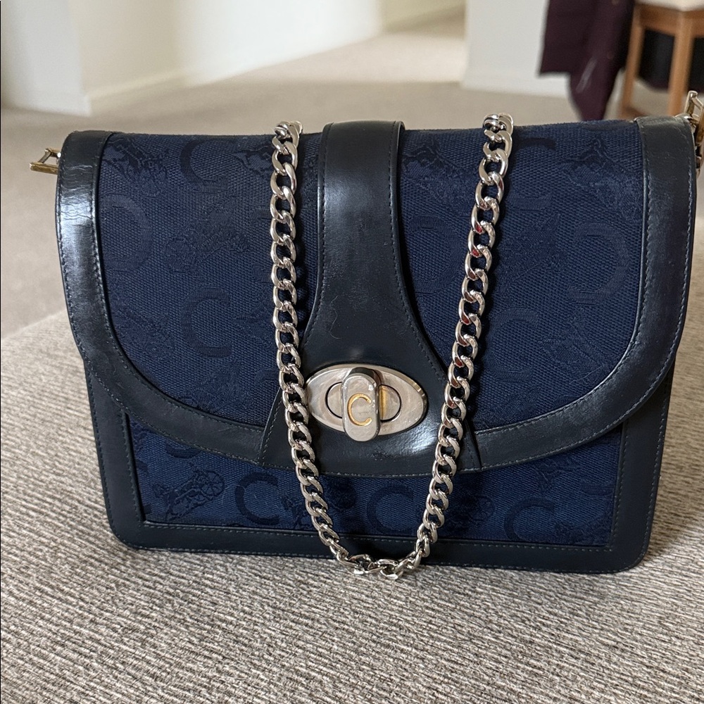 Celine Vintage Elegant Black and Navy Chain Shoulder Bag